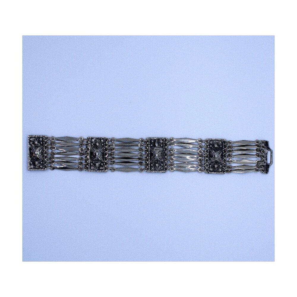 Vintage Taxco Sterling Silver Geometric Pyramid Panel Link Bracelet, 7.25" L